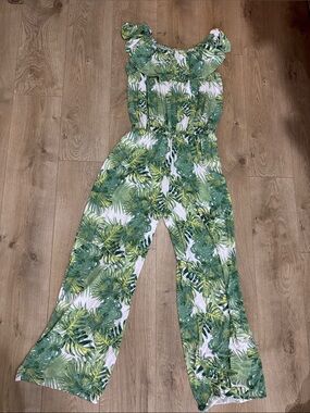 Hybrid & company Made in USA Green Tropical Leaf Off-Shoulder Jumpsuit
